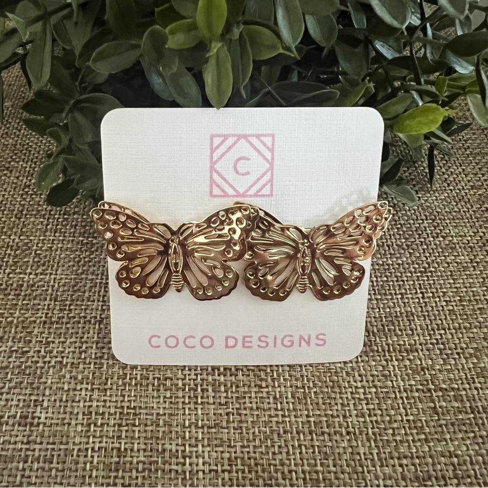 Coco Designs Pierced Earrings, Gold Butterfly, NWT